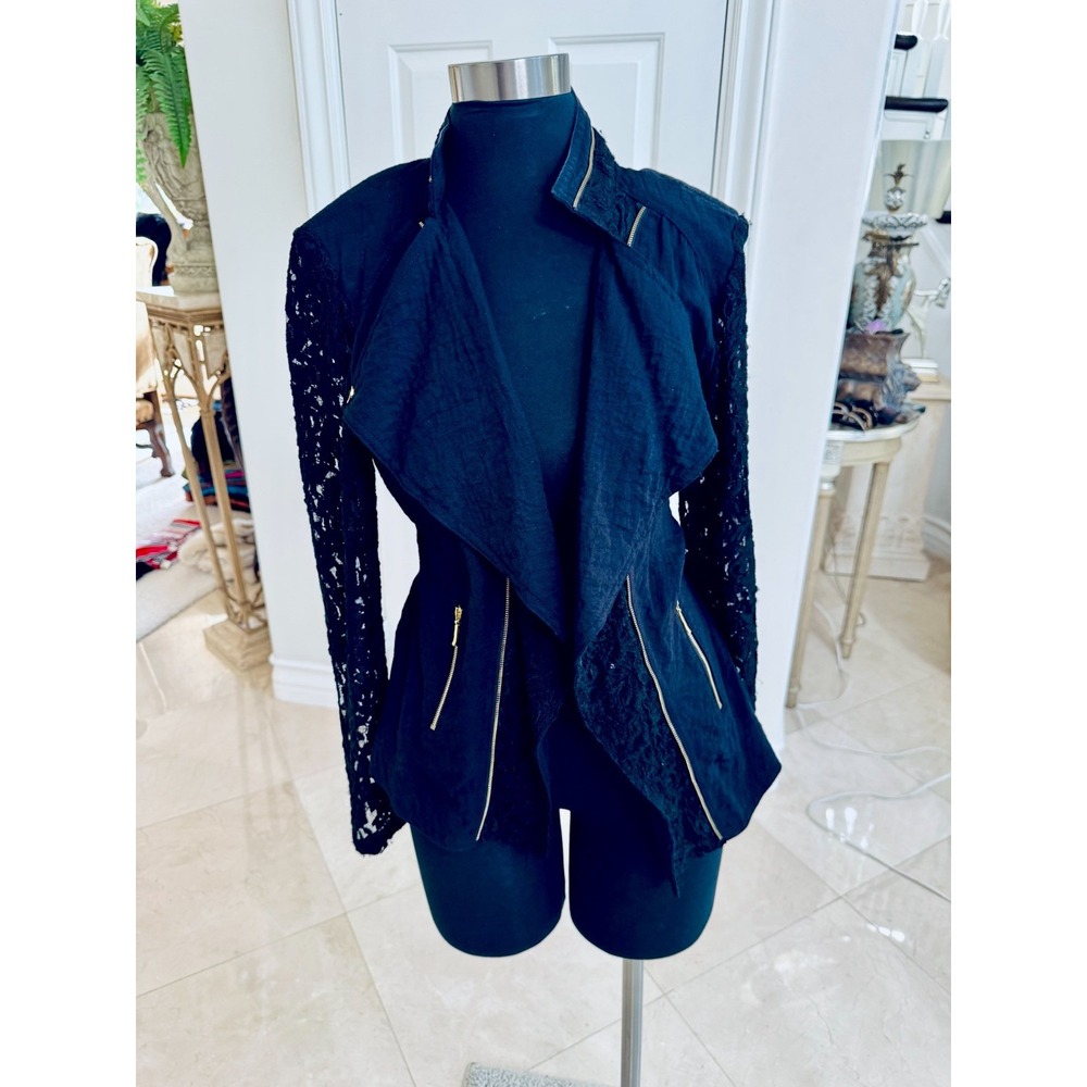 La Seine Faux Lace Moto Jacket Hi Lo‎ Gold Zipper Accents Trim Open Waterfall M